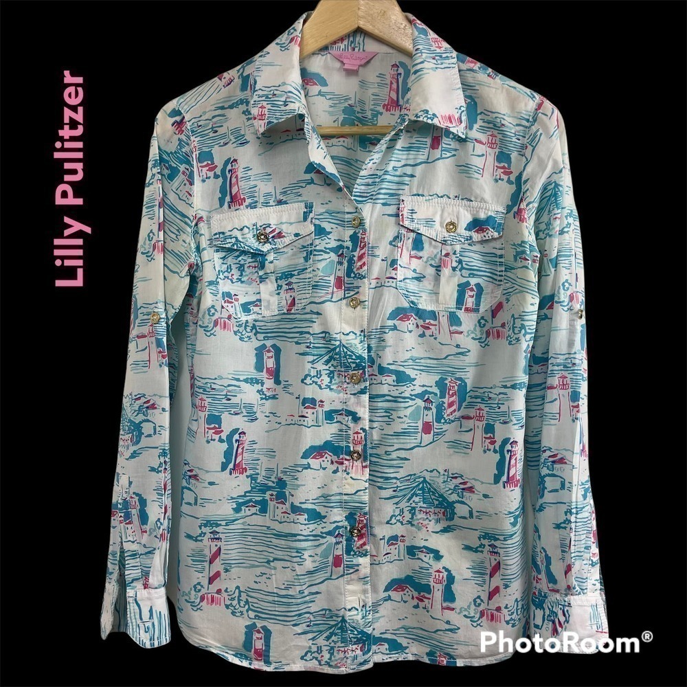 Lilly Pulitzer Women's Button Down Shirt Lighthouse Print Sz 2